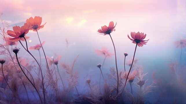 Beautiful scene pink blue pastel misty morning on blur background. AI generated image