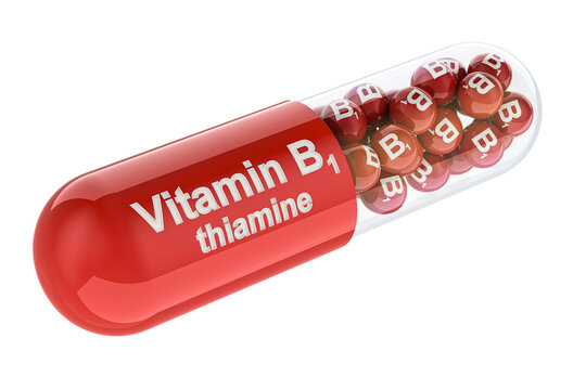 Capsule with B1, thiamine. 3D rendering isolated on transparent background