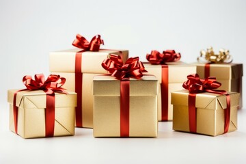 Gold gift boxes ribbon. Xmas present. Generate Ai