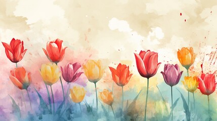 Tulip flower with watercolor style for background and invitation wedding card, AI generated image