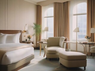 Fototapeta na wymiar Modern Marvel: Step Inside the Luxurious Serenity of Your Dream Hotel Room!