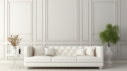A monochromatic white sofa set against an off-white solid color pattern wall.