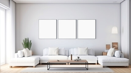 Modern living room interior with white sofa, coffee table and mock up poster frame on wall