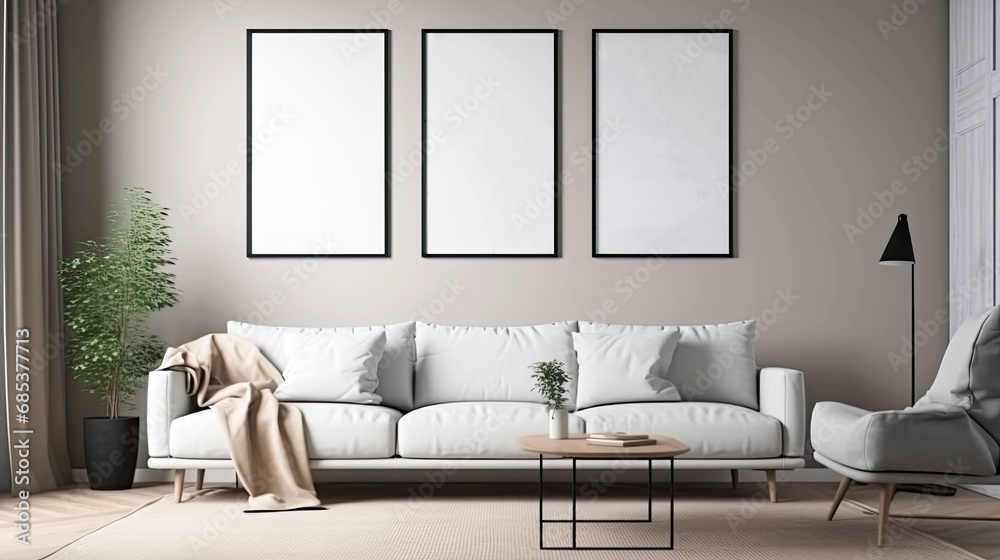 Wall mural Living room interior with two blank posters on wall