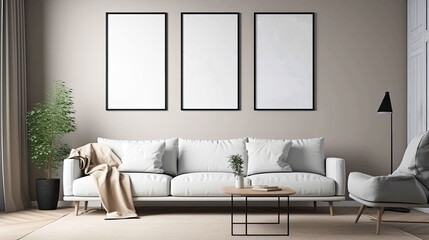 Living room interior with two blank posters on wall