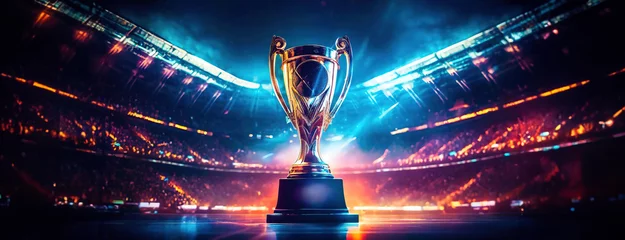 Foto op Canvas World championship winner cup trophy at sports stadium empty background. Dark night evening stylish neon lights, center or midfield. Panorama with copy space. © Igor Tichonow