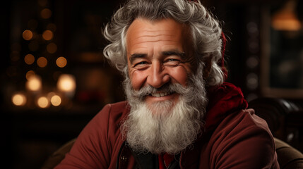 Obraz premium Vibrant portrait capturing Santa Claus in his jolly essence, with twinkling eyes and a rosy-cheeked smile, embodying the festive spirit