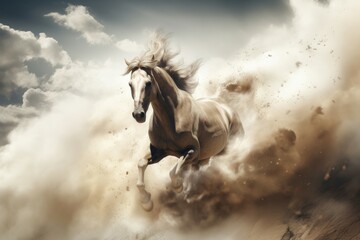 Untamed Horse wild running through clouds. Beautiful mammal. Generate Ai