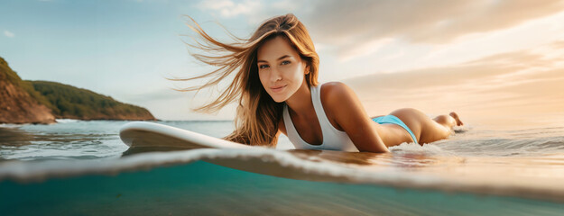 Happy woman sailing on surfboard on sea waves. Crystal clear ocean water, underwater view. Smiling girl surfing on tropical beach, swimming and sunbathing. Young adult skinny surfer enjoying a summer