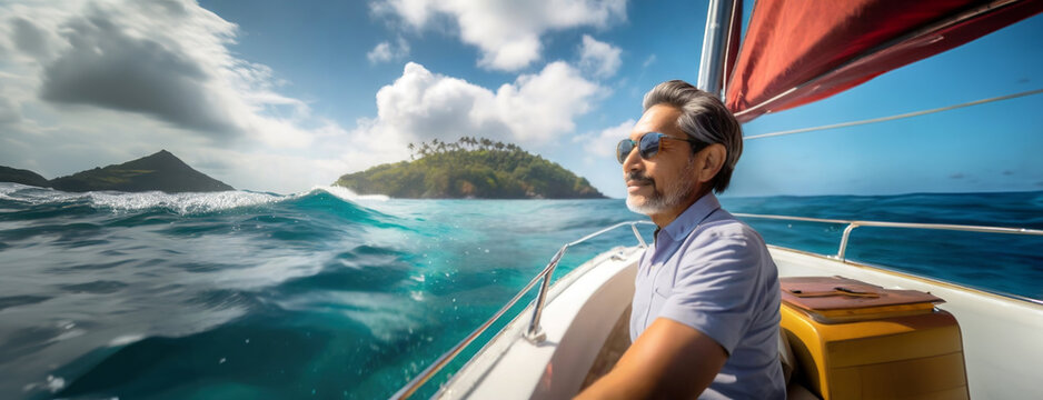 Relaxed successful middle aged man on vacation on his own yacht sailboat in sea. Tourist travels worldwide. Concept of wealth and health. Panorama with copy space.