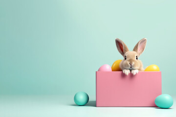 Cute Easter rabbit looking out of pink gift box with colorful eggs, colored background
