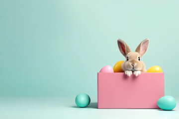 Obraz premium Cute Easter rabbit looking out of pink gift box with colorful eggs, colored background