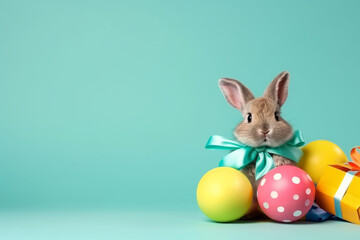 Fototapeta na wymiar Cute Easter rabbit with decorated eggs on colored background