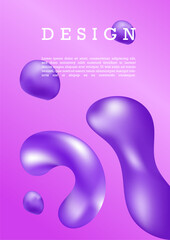 Fluid purple poster concept. Abstract creativity and art. Drops of liquid. Template for booklet or leaflet. Design for cover or banner in futuristic style. Cartoon isometric vector illustration