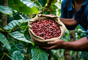 roasted brown coffee beans in farmer hand. group of people Colombian farmers working at a coffee farm. farmers team collecting coffee beans at a brazilian farm in big sack, basket, box. generative ai - obrazy, fototapety, plakaty