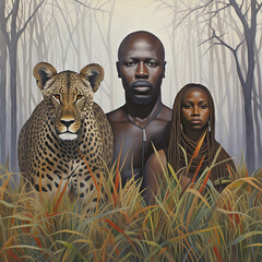 Illustration of an African couple with a leopard.
