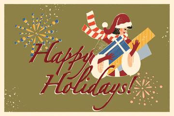 Retro mid-century Christmas card, Happy Holidays vintage greeting design, a lady Santa Claus holding gift boxes, present