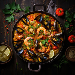 Top down view of a classic Spanish paella served in a traditional paellera pan.