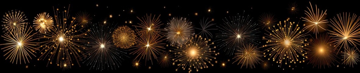 Fototapeta premium Black New Years banner with golden fireworks and room for copy. 