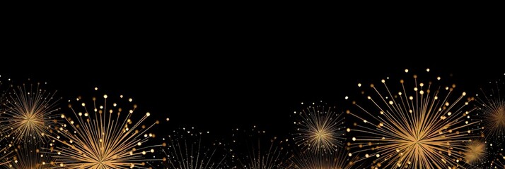 Black New Years banner with golden fireworks and room for copy. 