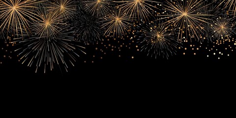 Black New Years banner with golden fireworks and room for copy. 