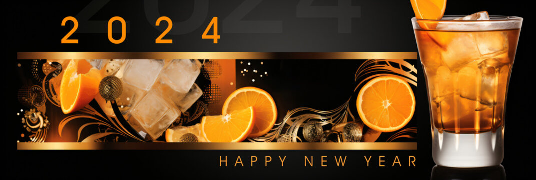 happy new year 2024 banner, modern new year's eve party card design, orange and black winter party ticket with copy space