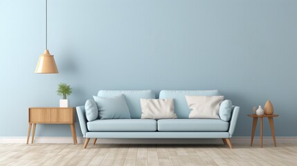 A  sofa isolated before a light gray solid color pattern wall.