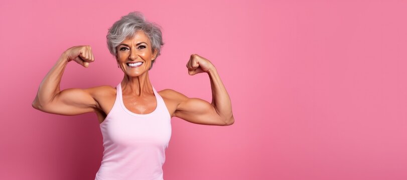 Healthy Strong Mature Woman Fitness Model on a Pink Background with Space for Copy