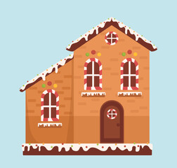 Gingerbread house concept. Pastry and homemade bakery product for Christmas and New Year. Delicacy for winter holidays. Poster or banner. Cartoon flat vector illustration isolated on blue background