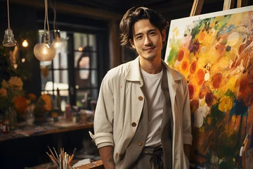  A talented young Asian queer artist focuses on painting his picture on a canvas easel © Gonzalo
