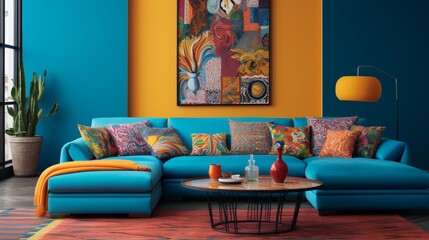 A sectional sofa with vibrant patterns against a teal solid color pattern wall.