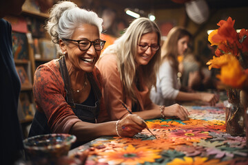 Senior lady artist enjoying painting activity in studio with her friends - obrazy, fototapety, plakaty