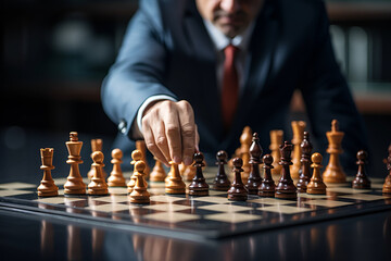 Businessman moving chess piece on chess board game - obrazy, fototapety, plakaty