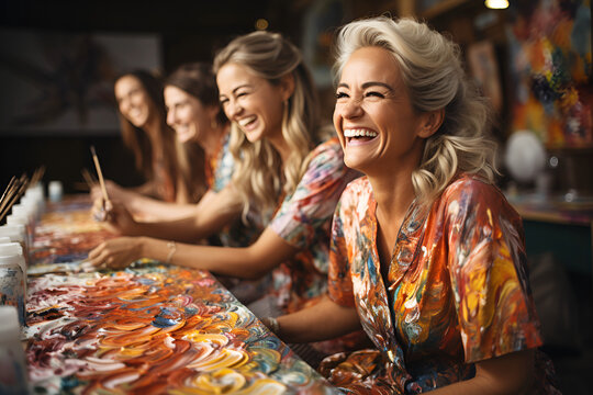 Senior lady artist enjoying painting activity in studio with her friends