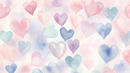 Hearts. Romantic background filled with colored pastel watercolor hearts, perfect for Valentine’s Day. Hand drawn illustration. For card, banner, greeting, print, packaging design, wrapping paper - obrazy, fototapety, plakaty