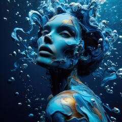 beautiful female fantasy water elemental demon or sea goddess underwater - obrazy, fototapety, plakaty