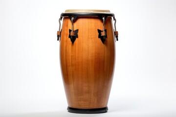 Wooden conga drum isolated on a white background. Traditional percussion musical instrument of Afro-Cuban and Latin American culture. Suitable for music-related projects and cultural designs.
