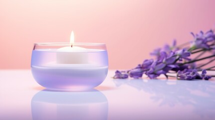 Obraz na płótnie Canvas Natural beauty podium backdrop for product display with Spring flower. Candle and lavender on the ground covered with water