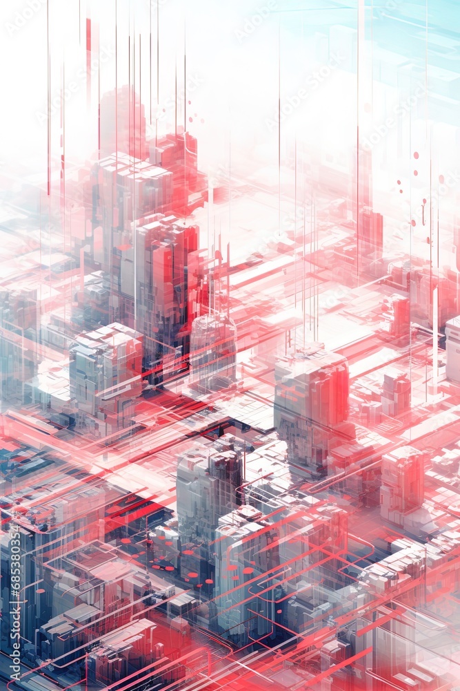 Wall mural A digital glitchy city with transparent buildings and red hues. AI tech background concept. - Wall murals
