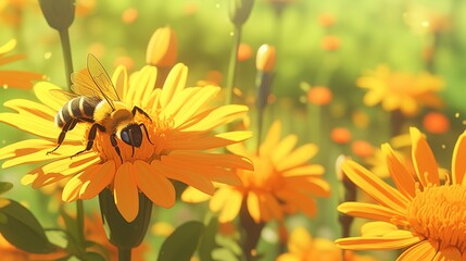 Bees pollinate food crops cute 3d anime style - obrazy, fototapety, plakaty