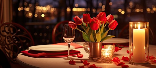 Romantic table setting at a luxurious restaurant with tulip decorations, candles, and a surprise marriage proposal location. - Powered by Adobe