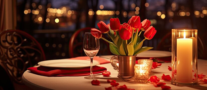 Romantic table setting at a luxurious restaurant with tulip decorations, candles, and a surprise marriage proposal location.