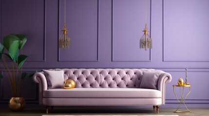 A tufted fabric sofa in front of a lavender solid color pattern wall.