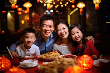 Happy family enjoying Chinese new year dinner together at a table.