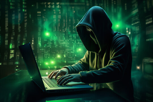 Malicious hacker with computer in a futuristic room trying to steal your passwords