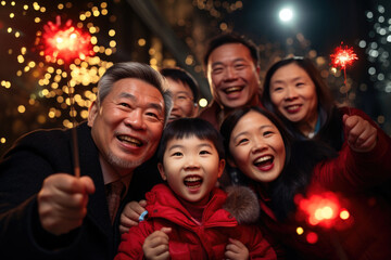 Obraz na płótnie Canvas A joyful family celebration with sparklers and fireworks at night. Celebration of Chinese new year: Sparklers and smiles on a winter night