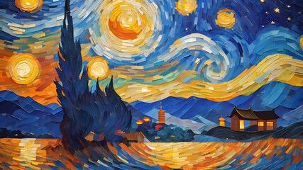 The Starry Night - Vincent van Gogh.Created with Generative AI technology