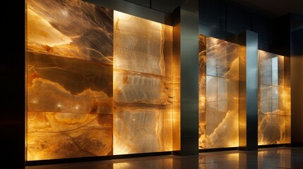 A wall covered in backlit onyx panels, showcasing the natural beauty of the stone and its unique patterns.