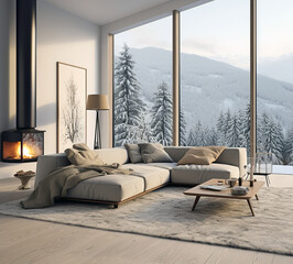 Scandinavian minimalist style home interior design of modern living room. L sofa  with   fireplace with nice view.