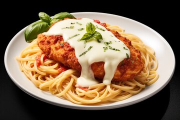 Savor the crispy perfection of Chicken Parmesan, a tender cutlet topped with gooey mozzarella &...